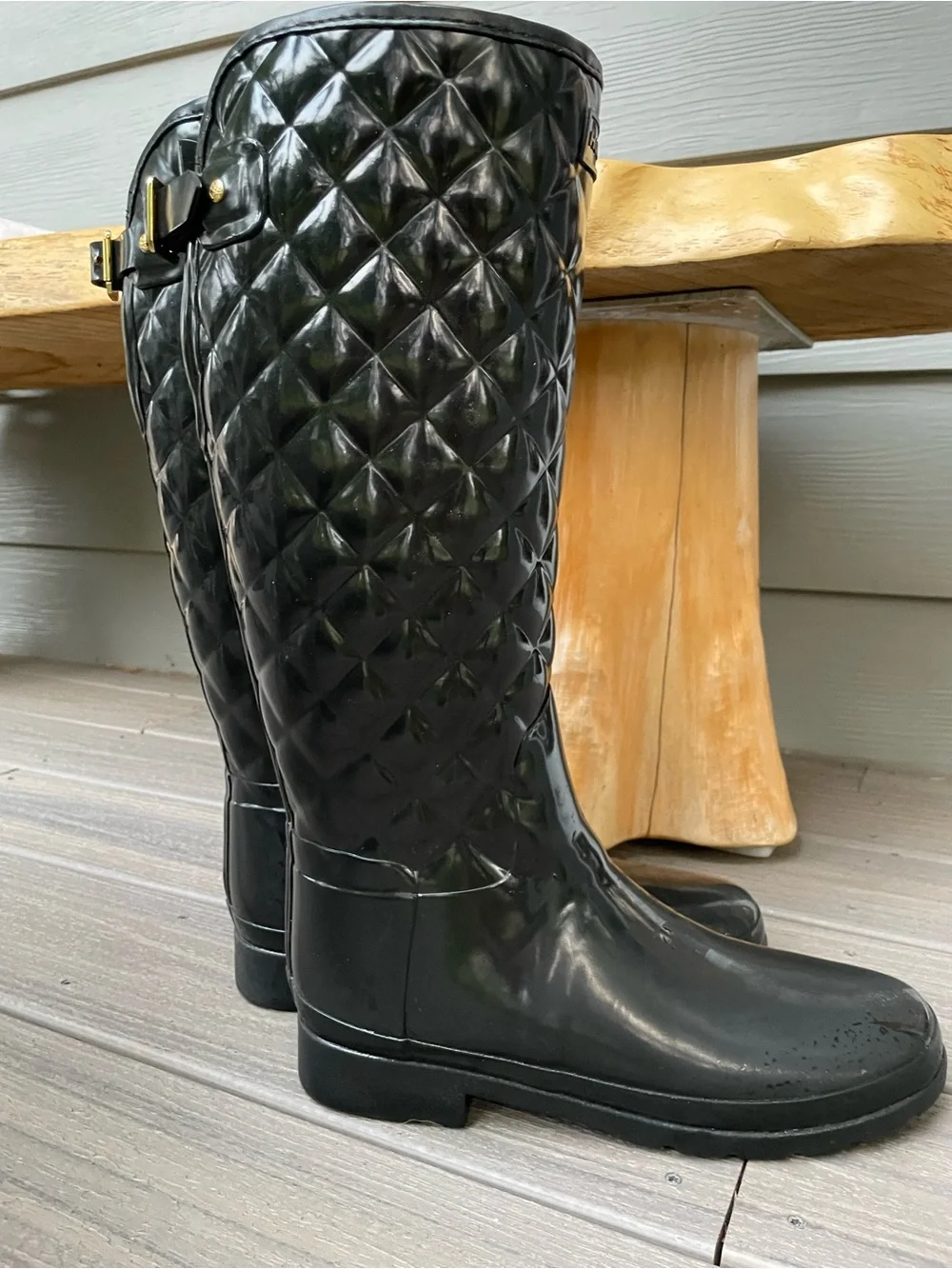 Hunter Quilted Black Knee-High Rain Boots with Gold Buckle